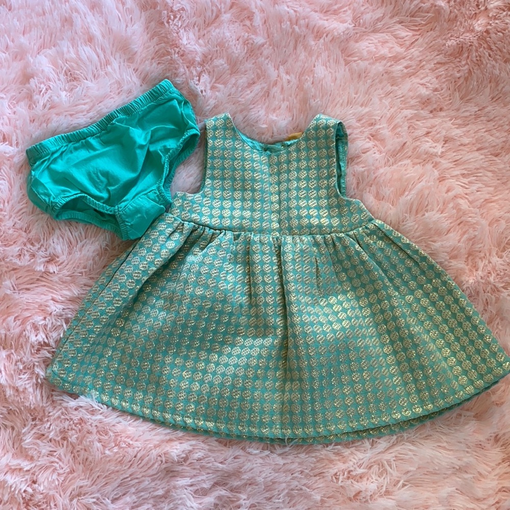 Carter’s Teal & Gold Polka Dot Dress with Bloomers - EUC 6-9mo